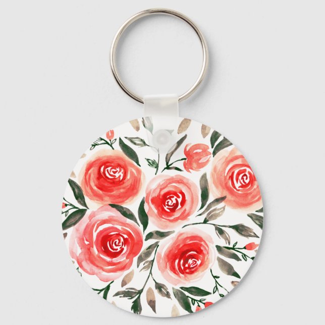 Girly Pink Watercolor Roses Illustration Key Ring (Front)