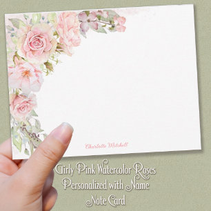 Girly Pink Watercolor Roses Personalised with Name Card