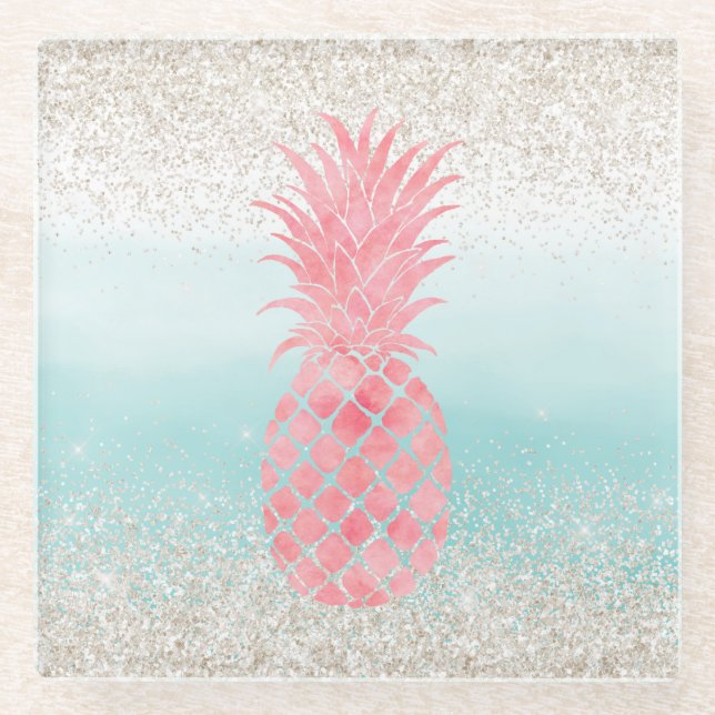 Girly Pink Watercolor Tropical Pineapple Glass Coaster (Front)