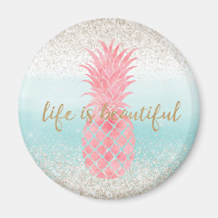 Girly Pink Watercolor Tropical Pineapple Magnet