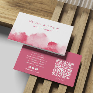 Girly Pink & White Abstract Watercolor QR Code Business Card