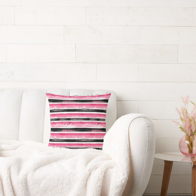 Girly Pink White Black Stripes Cushion (Couch)