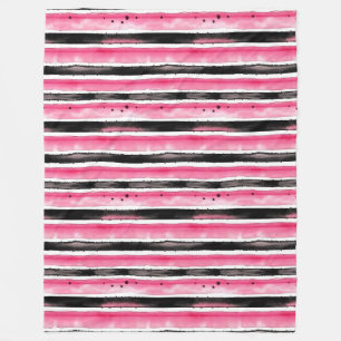 Girly Pink White Black Stripes Fleece Blanket