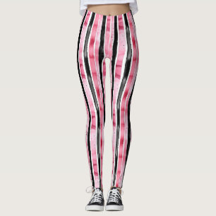 Girly Pink White Black Stripes Leggings