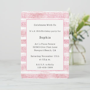 Girly Pink White Faux Glitter Stripes Birthday Invitation