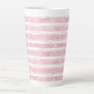 Girly Pink White Faux Glitter Stripes Latte Mug