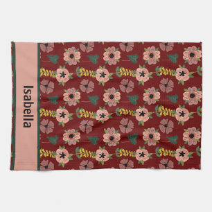 Girly Pink White Flowers Botanical Pattern Name Tea Towel
