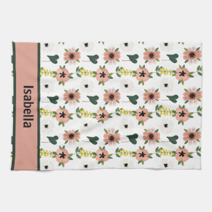 Girly Pink White Flowers Botanical Pattern Name Tea Towel