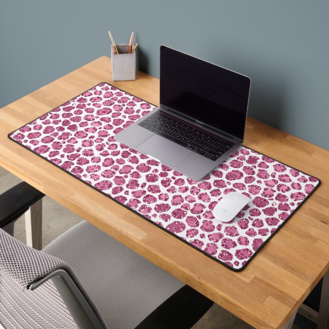 Girly Pink White Glam Glitter Leopard Print   Desk Mat (Office 2)