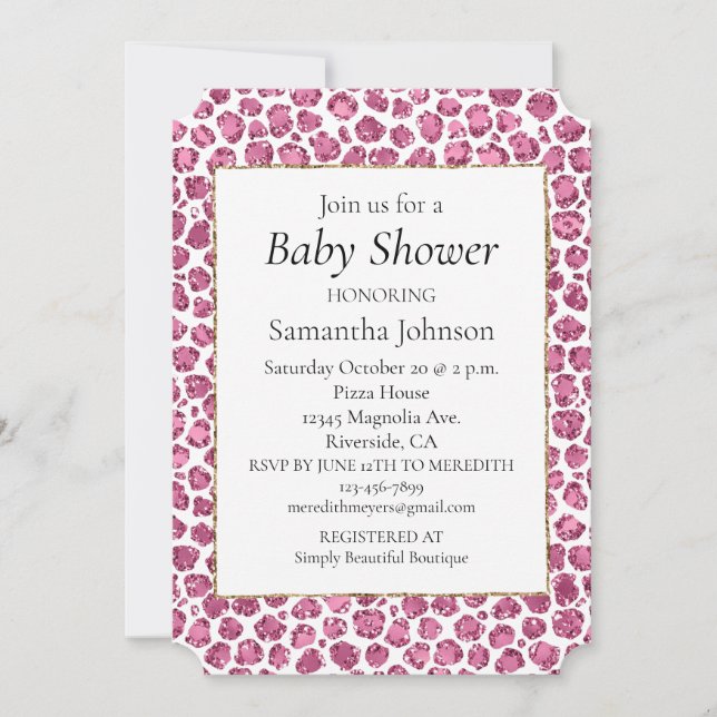 Girly Pink White Glam Glitter Leopard Print   Invitation (Front)