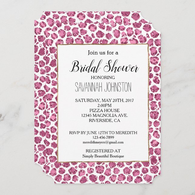 Girly Pink White Glam Glitter Leopard Print   Invitation (Front/Back)