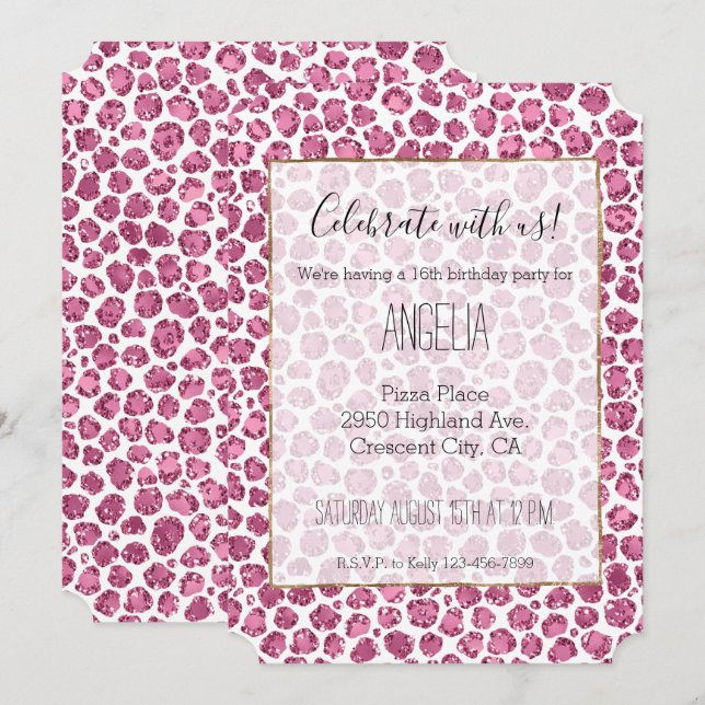 Girly Pink White Glam Glitter Leopard Print   Invitation (Front/Back)