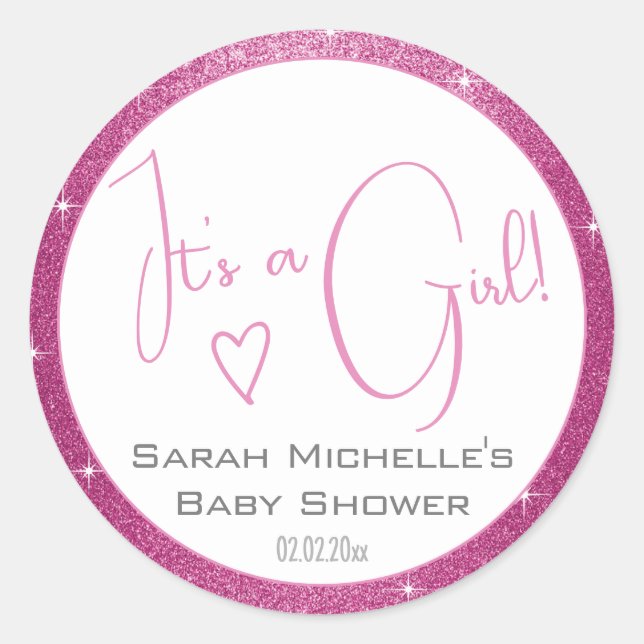 Girly Pink White Glitter Stars Frame Baby Shower Classic Round Sticker (Front)