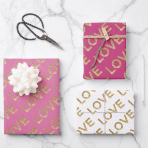 Girly Pink White Gold Glitz White Love Wrapping Paper Sheet