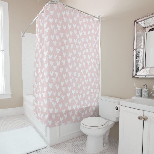 Girly Pink White Hearts Bridal Shower Curtain (In Situ)