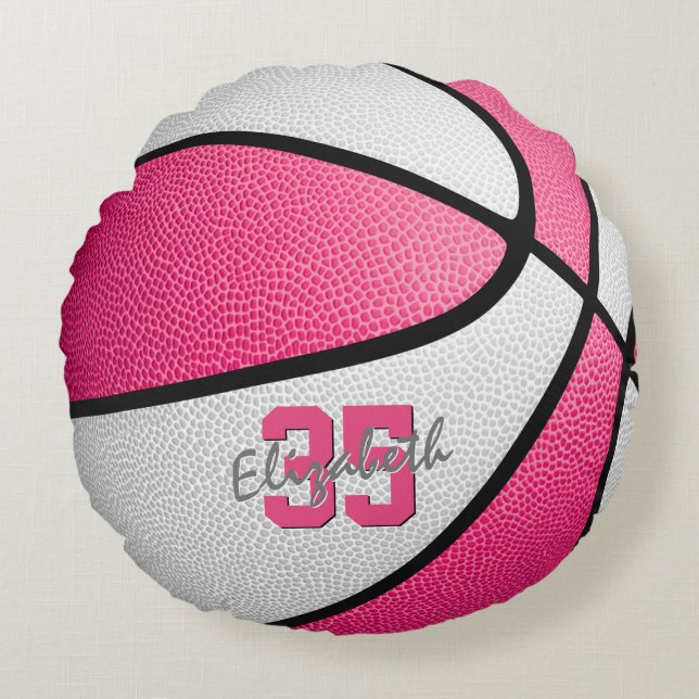 girly pink white personalised basketball round cushion (Front)