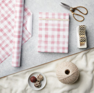Girly Pink White Plaid Stripes Birthday Wrapping Paper