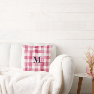 Girly Pink White Plaid Stripes Monogram  Cushion