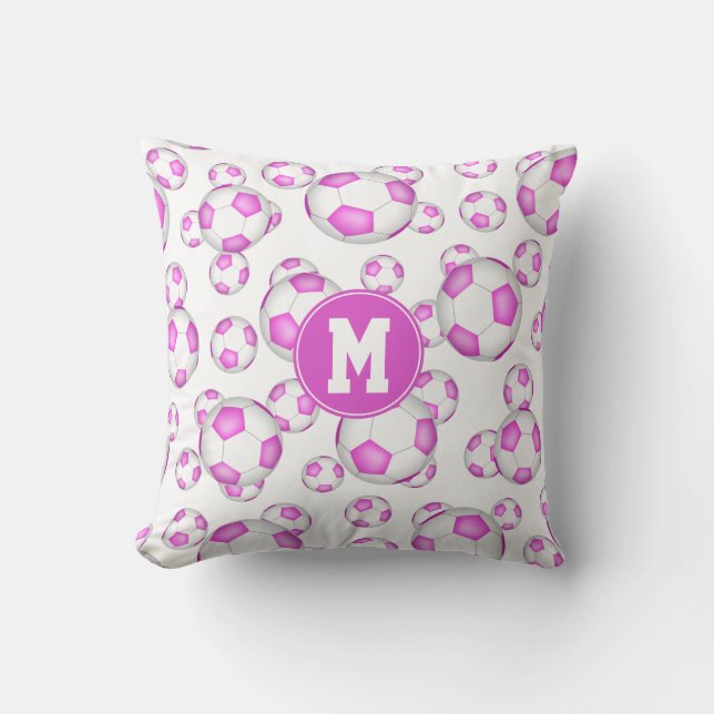 girly pink white soccer balls pattern monogrammed cushion (Front)