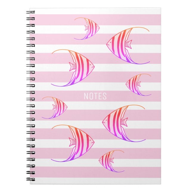Girly Pink White Striped Angel Fish Personalised Notebook (Front)