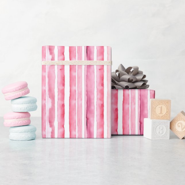 Girly Pink White Stripes Birthday Wrapping Paper (Baby Shower)
