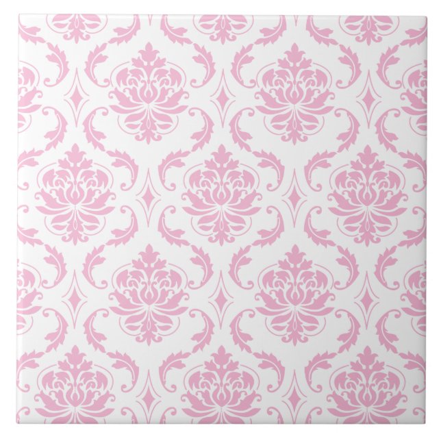 Girly Pink White Vintage Damask Pattern Tile (Front)