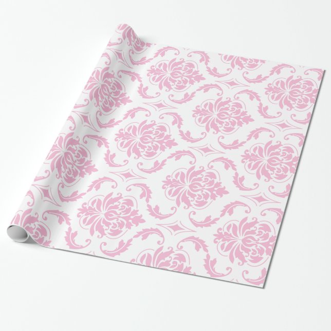 Girly Pink White Vintage Damask Pattern Wrapping Paper (Unrolled)