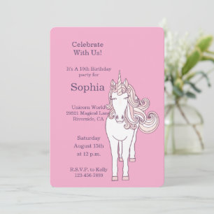 Girly Pink Wild Unicorn Birthday Invitation