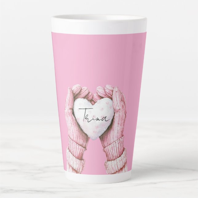 Girly Pink Winter Gloves White Heart Latte Mug (Front)
