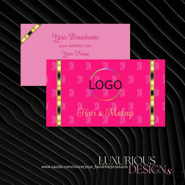 Girly Pink with Logo Letters Pattern Gold Stripes Business Card (Creator Uploaded)