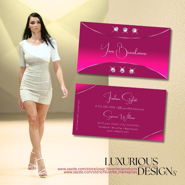 Girly Pink with Silver Decor and Sparkle Diamonds Business Card (Creator Uploaded)