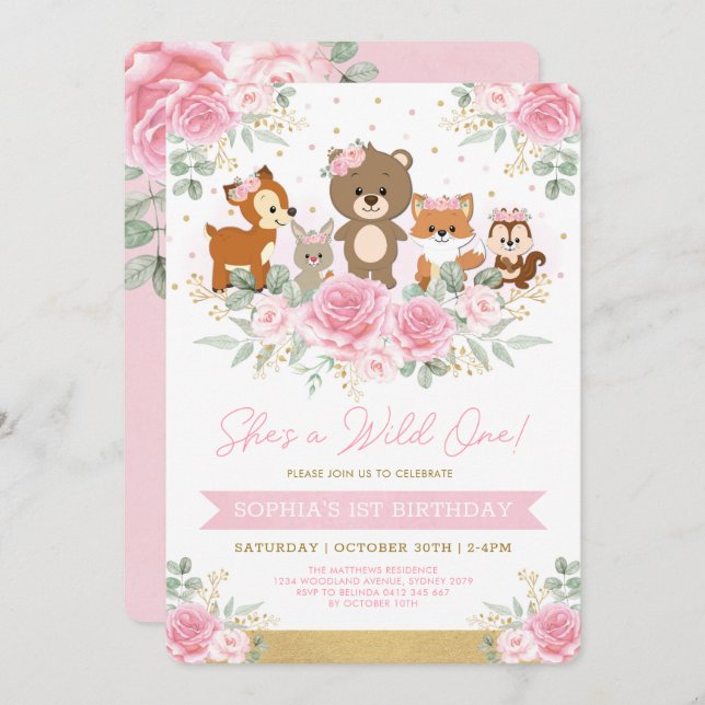 Girly Pink Woodland Floral Wild One 1st Birthday Invitation (Front/Back)