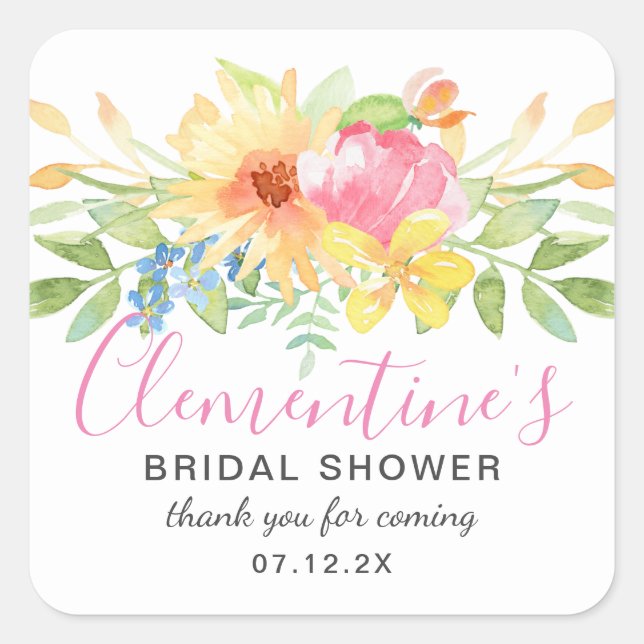 Girly Pink Yellow Floral Bridal Shower Thank You Square Sticker (Front)