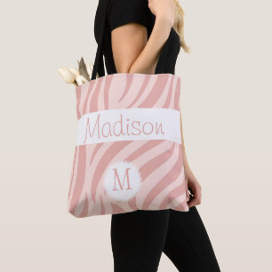 Girly Pink Zebra Animal Print Initial Monogram Tote Bag