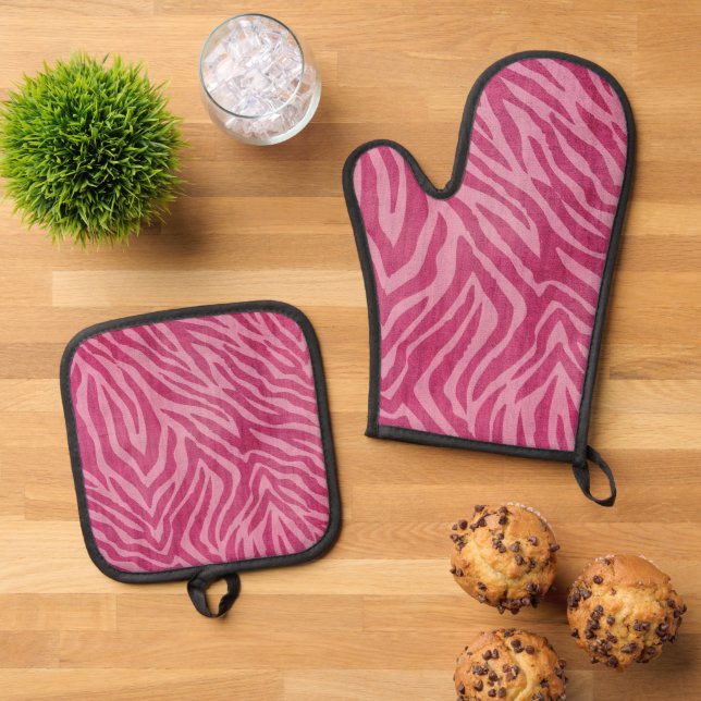 Girly Pink Zebra Animal Print Oven Mitt & Pot Holder Set (Top Down)