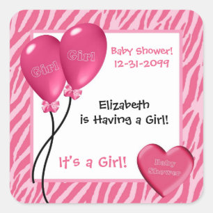 Girly Pink Zebra Print Girl Baby Shower Square Sticker