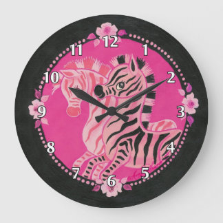 Girly Pink Zebras on Black Large Clock