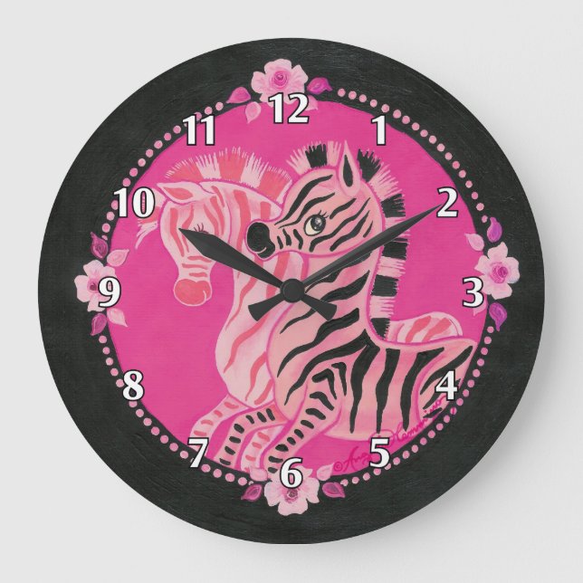 Girly Pink Zebras on Black Large Clock (Front)