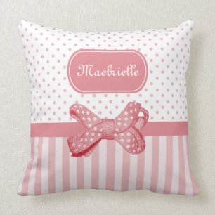 Girly Polka Dot Bow Cute Pink Stripes With Name Cushion