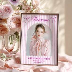 Girly Preppy Pink Stripes Photo Graduation Welcome Poster