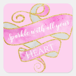 Girly Pretty Blush Pink Gold Glitter Sparkle Heart Square Sticker