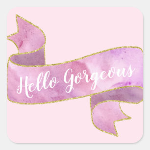 Girly Pretty Blush Pink Hello Gorgeous Gold Ribbon Square Sticker