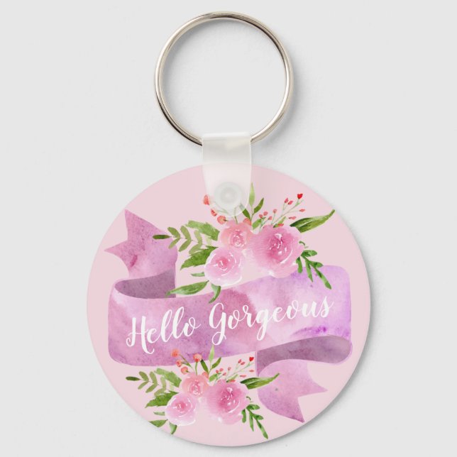 Girly Pretty Chic Floral Blush Pink Hello Gorgeous Key Ring (Front)