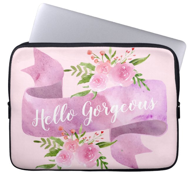 Girly Pretty Chic Floral Blush Pink Hello Gorgeous Laptop Sleeve (Front)