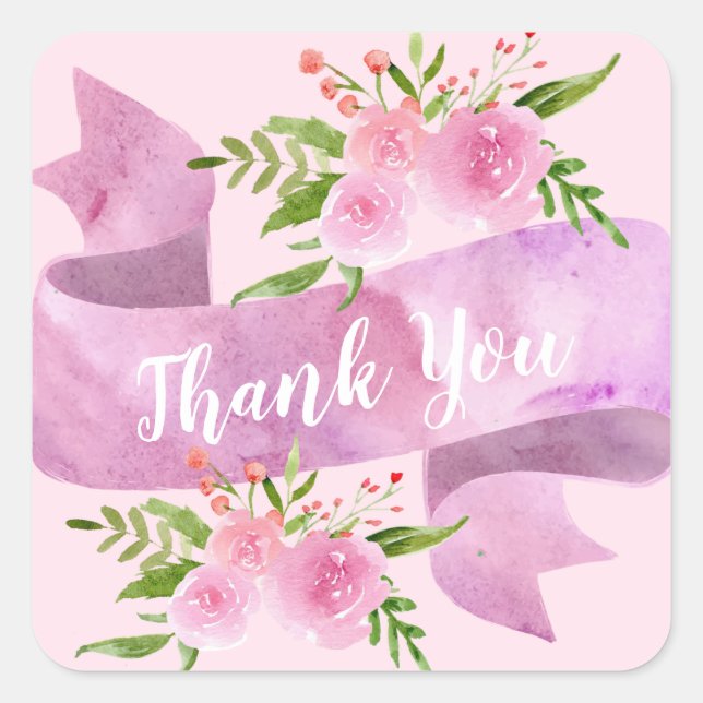 Girly Pretty Chic Floral Blush Pink Rose Thank You Square Sticker (Front)