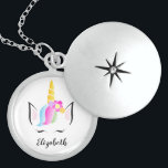 Girly pretty magical Personalized unicorn Locket Necklace<br><div class="desc">She's magical,  amazing like a unicorn. Remind her of her beauty and grace with this locket necklace. Personalize with her name in an elegant script font.
Featuring my rainbow-haired unicorn,  crown head illustration with flowers and sleepy cute lashes. A special gift for the extraordinary little girl in your life.</div>