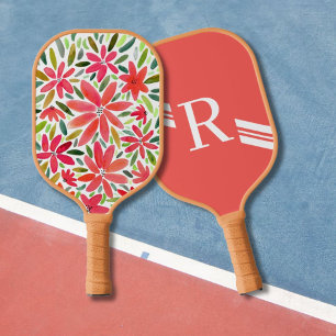 Girly Pretty Monogram Initial Red Florals  Pickleball Paddle