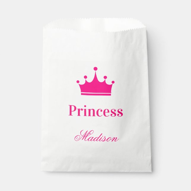 Girly Pretty White & Hot Pink Princess Crown Name Favour Bags (Front)