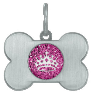 Girly Princess Crown on Pink Glitter Look Pet ID Tag