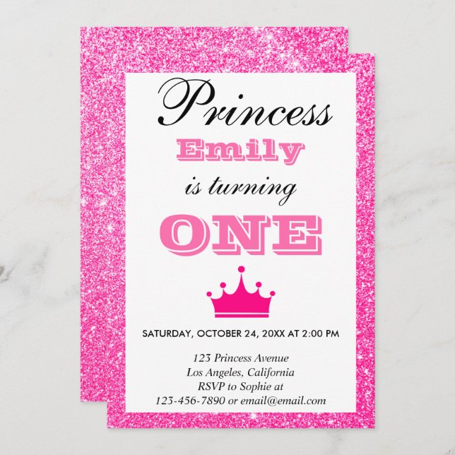 Girly Princess Hot Pink Glitter First Birthday One Invitation (Front/Back)